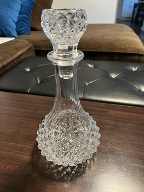 Heavy Cut Crystal Decanter w/ Stopper Diamond Pattern Vintage Barware